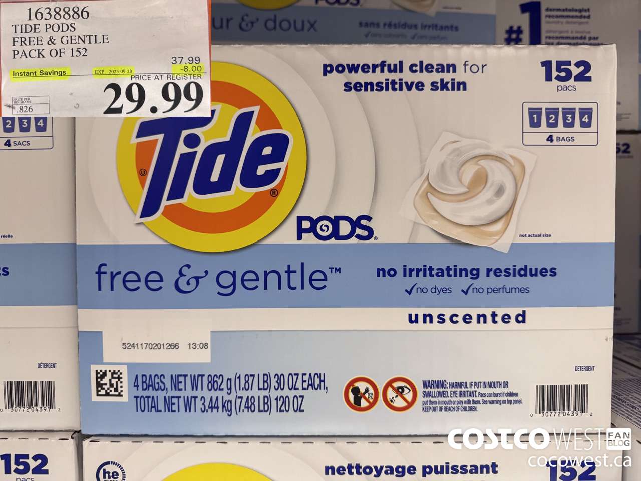 1638886 TIDE PODS FREE & GENTLE 152 pacs ($8.00 INSTANT SAVINGS EXPIRES ON 2025-09-28) $29.99