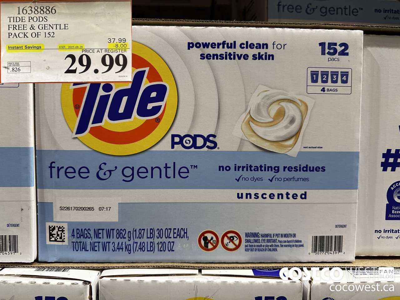 1638886 TIDE PODS FREE & GENTLE 152 pacs ($8.00 INSTANT SAVINGS EXPIRES ON 2025-09-28) $29.99