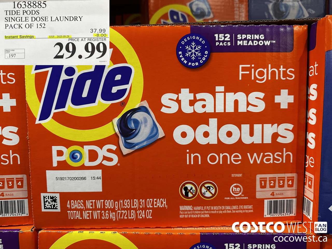 1638885 TIDE PODS SINGLE DOSE LAUNDRY 152 PACS ($8.00 INSTANT SAVINGS EXPIRES ON 2025-09-28) $29.99