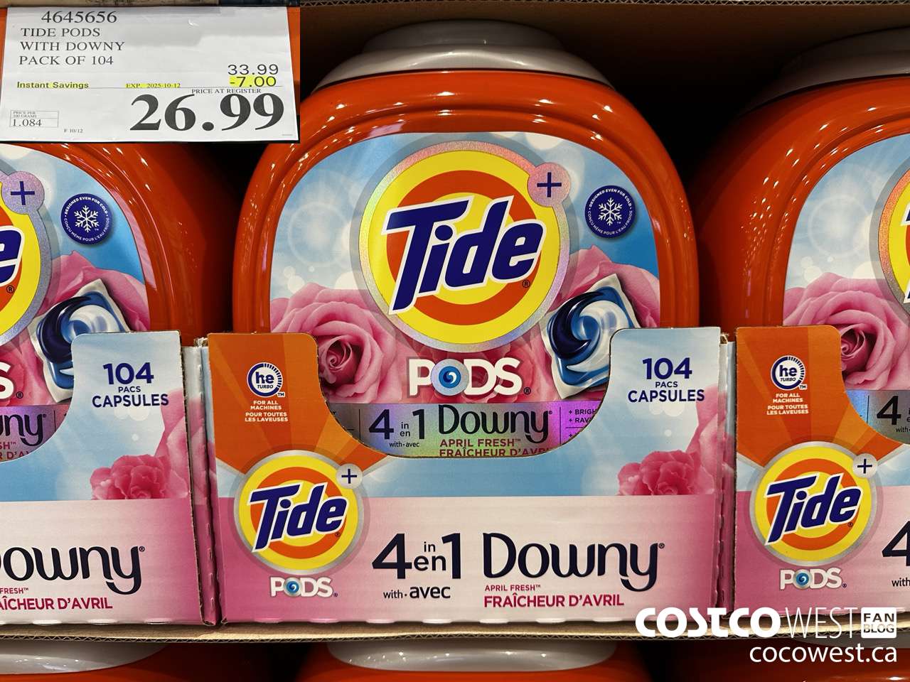 4645656 TIDE PODS WITH DOWNY PACK OF 104 ($7.00 INSTANT SAVINGS EXPIRES ON 2025-10-12) $26.99