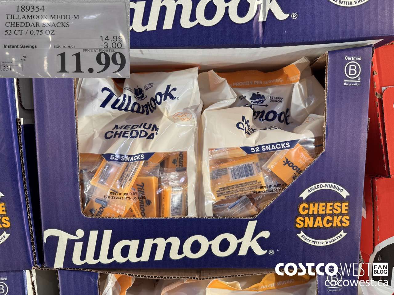 189354 TILLAMOOK MEDIUM CHEDDAR SNACKS 52/0.75 OZ ($3.00 INSTANT SAVINGS EXPIRES ON 2025-09-28) $11.99