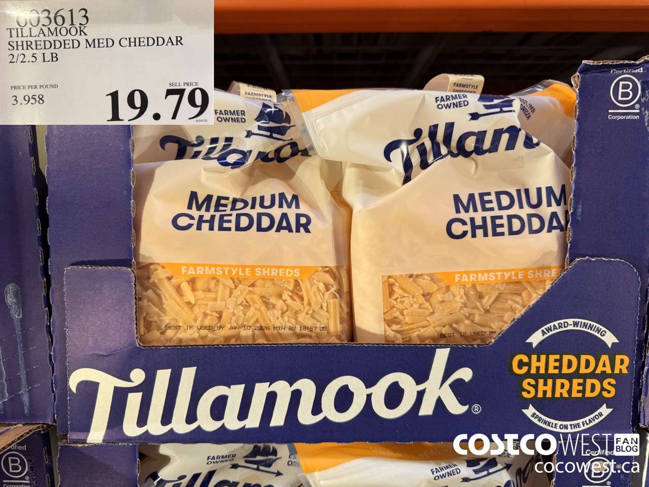 603613 TILLAMOOK SHREDDED MED CHEDDAR 2/2.5 LB $19.79