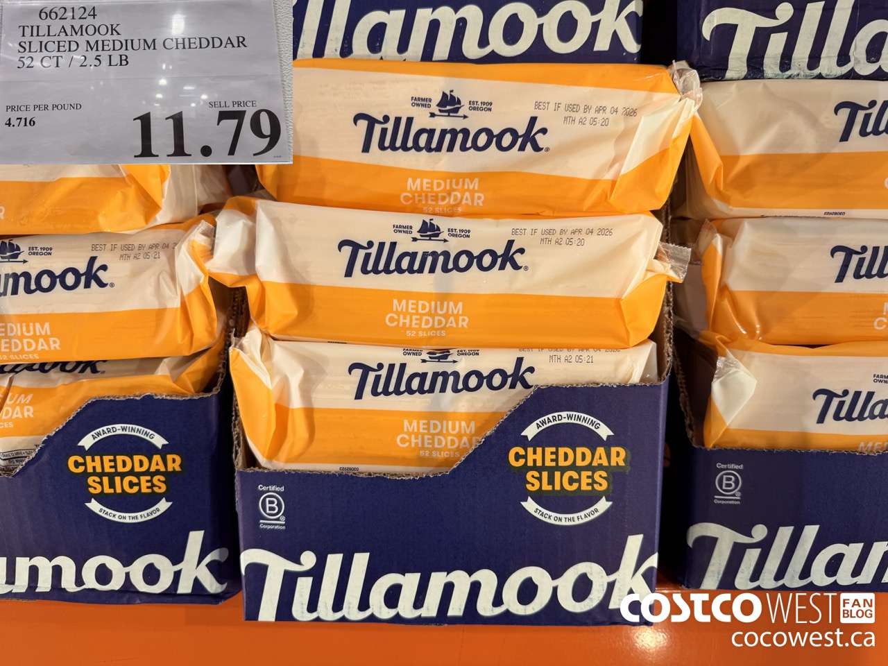 662124 TILLAMOOK SLICED MEDIUM CHEDDAR 52 CT / 2.5 LBS $11.79