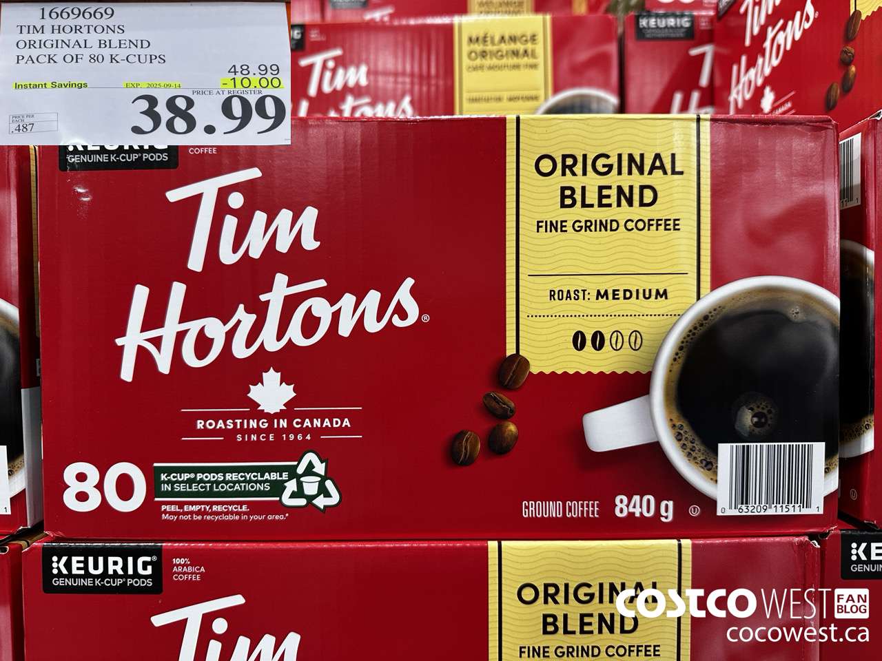 1669669 TIM HORTONS ORIGINAL BLEND K-CUPS 80 COUNT ($10.00 INSTANT SAVINGS EXPIRES ON 2025-09-14) $38.99