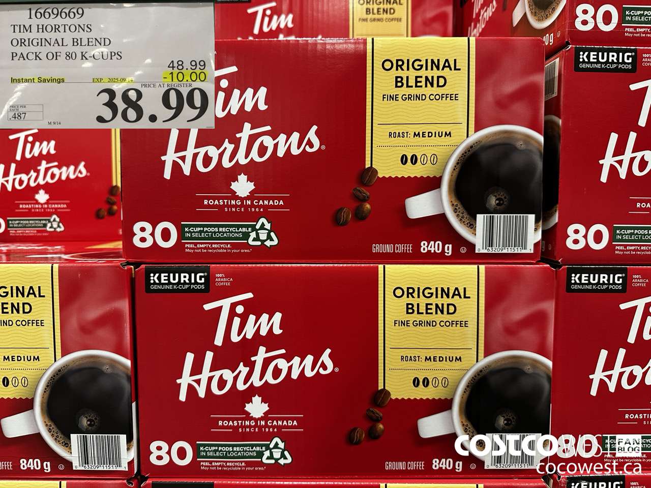 1669669 TIM HORTONS ORIGINAL BLEND K-CUPS 80 COUNT ($10.00 INSTANT SAVINGS EXPIRES ON 2025-09-14) $38.99