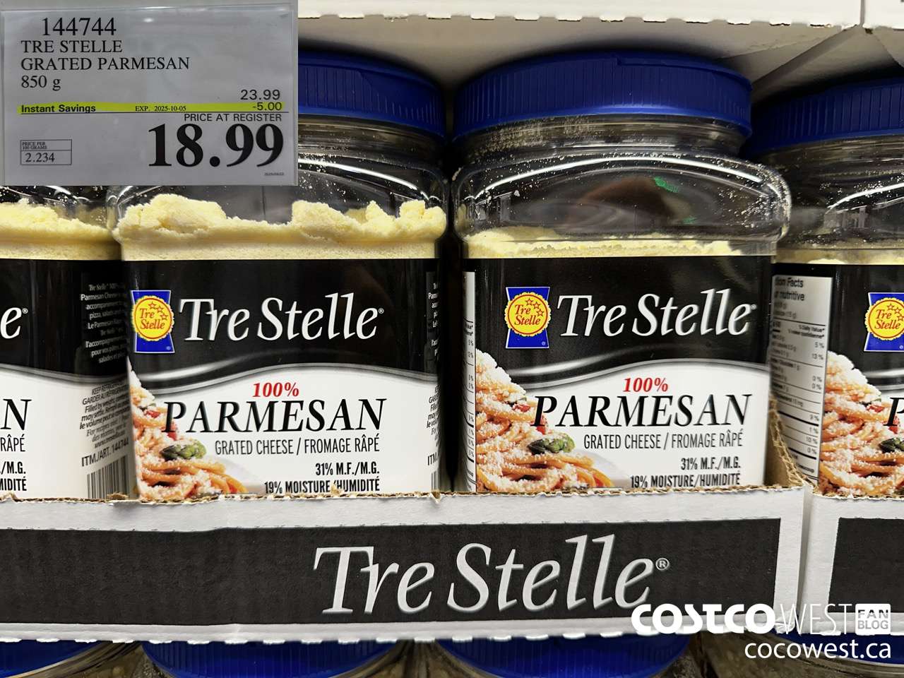 144744 TRE STELLE GRATED PARMESAN 850 g ($5.00 INSTANT SAVINGS EXPIRES ON 2025-10-05) $18.99