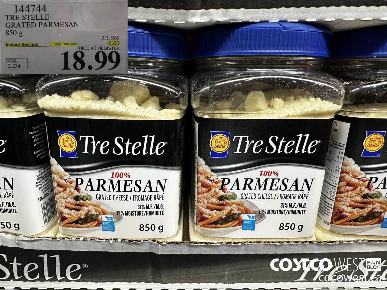 144744 TRE STELLE GRATED PARMESAN 850 g ($5.00 INSTANT SAVINGS EXPIRES ON 2025-10-05) $18.99