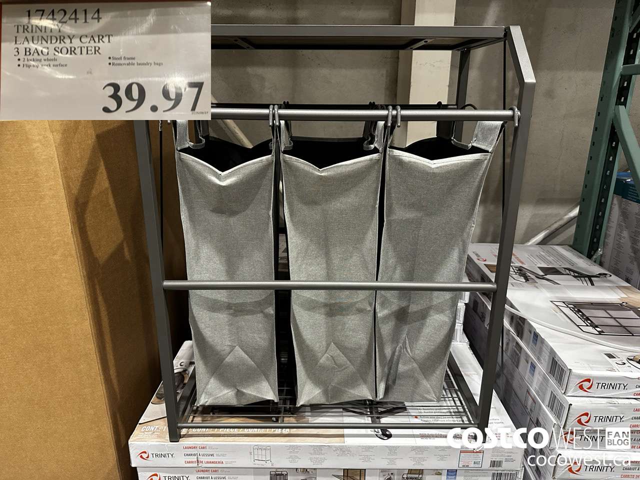 1742414 TRINITY LAUNDRY CART 3 BAG SORTER $39.97