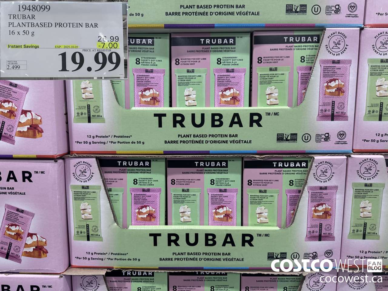 1948099 TRUBAR PLANTBASED PROTEIN BAR 16 X 50G ($7.00 INSTANT SAVINGS EXPIRES ON 2025-10-05) $19.99