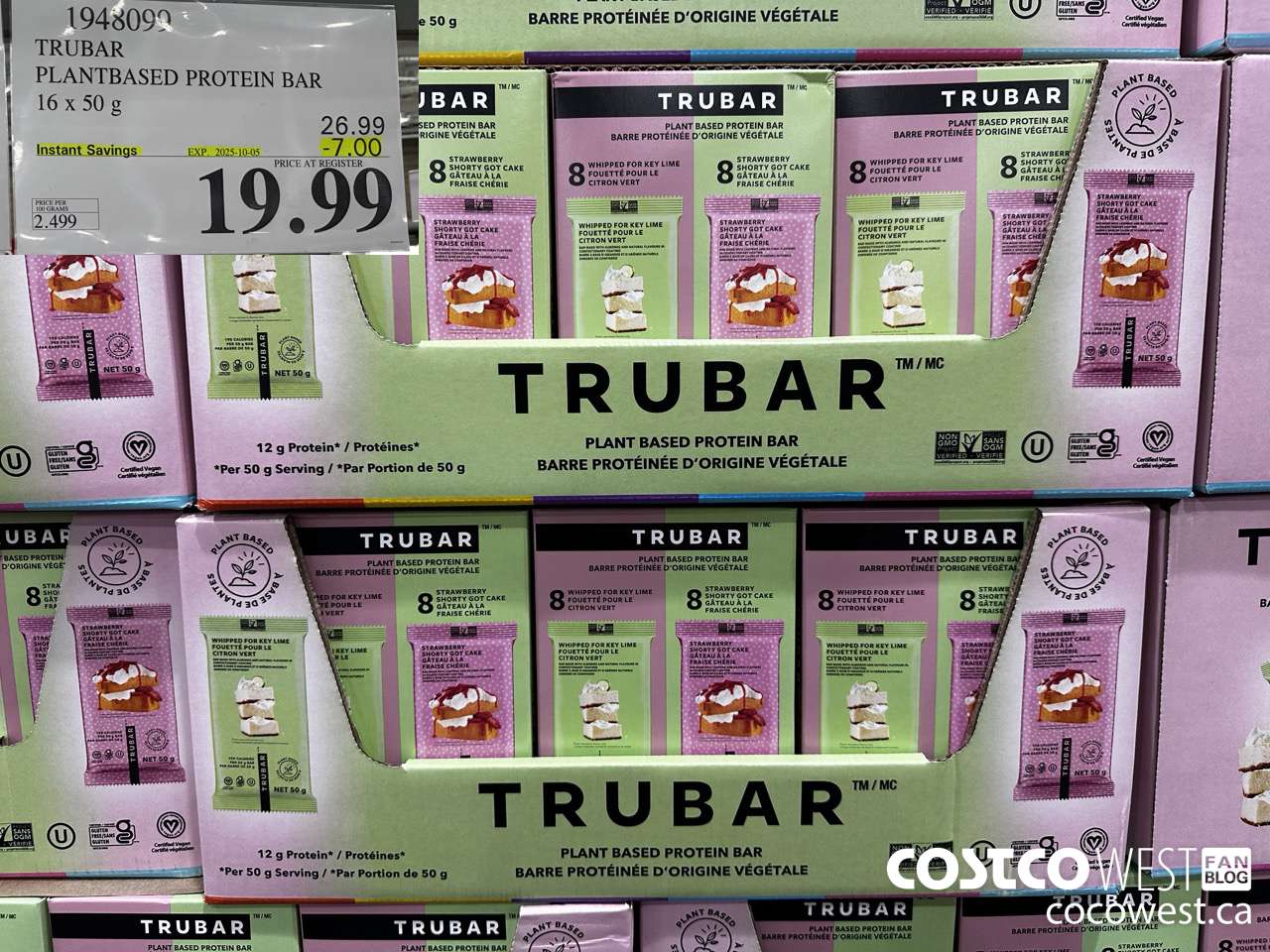 1948099 TRUBAR PLANTBASED PROTEIN BAR 16 X 50G ($7.00 INSTANT SAVINGS EXPIRES ON 2025-10-05) $19.99