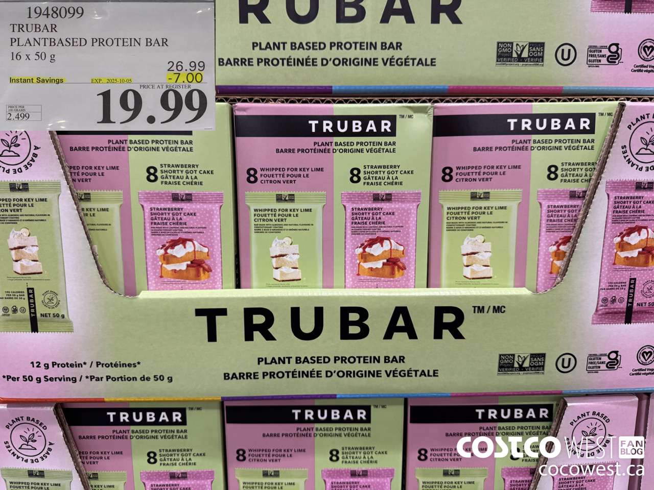 1948099 TRUBAR PLANTBASED PROTEIN BAR 16 X 50G ($7.00 INSTANT SAVINGS EXPIRES ON 2025-10-05) $19.99