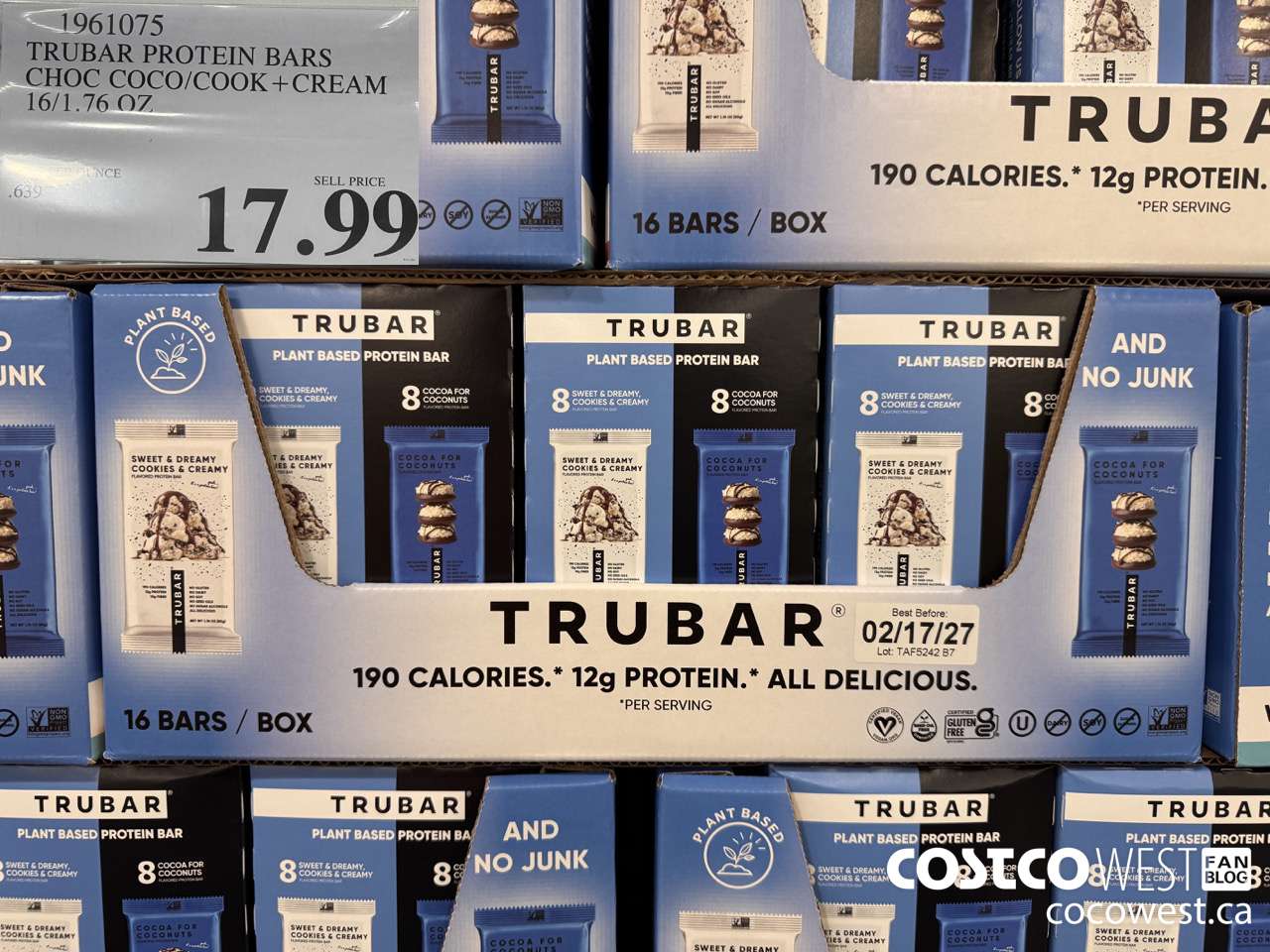 1961075 TRUBAR PROTEIN BARS CHOC COCO/COOK + CREAM 16/1.76 OZ $17.99