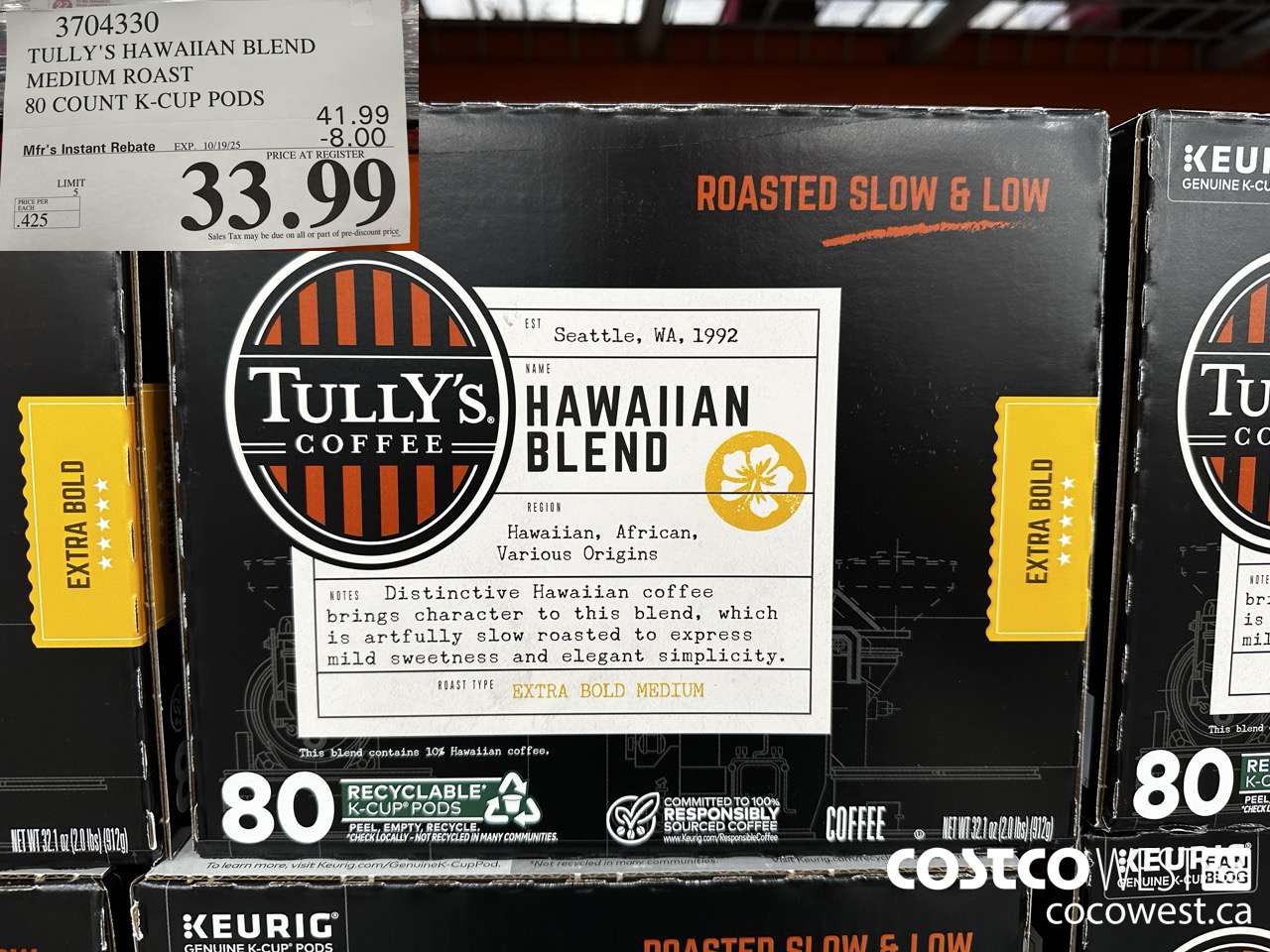 3704330 TULLY'S HAWAIIAN BLEND MEDIUM ROAST 80 COUNT K-CUP PODS ($8.00 INSTANT SAVINGS EXPIRES ON 2025-10-19) $33.99