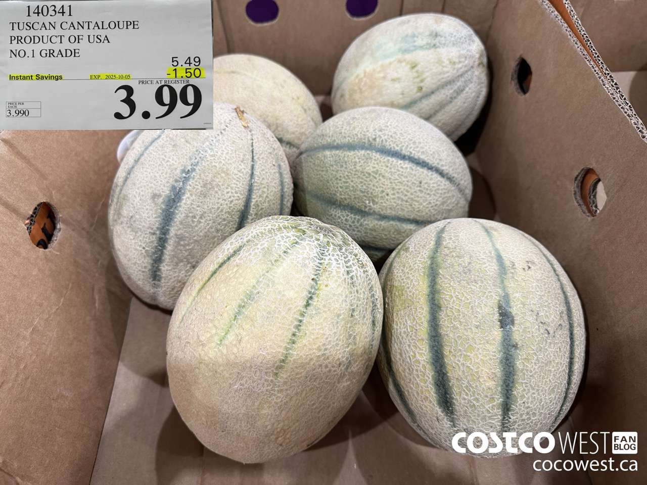 140341 TUSCAN CANTALOUPE PRODUCT OF USA NO. 1 GRADE ($1.50 INSTANT SAVINGS EXPIRES ON 2025-10-05) $3.99