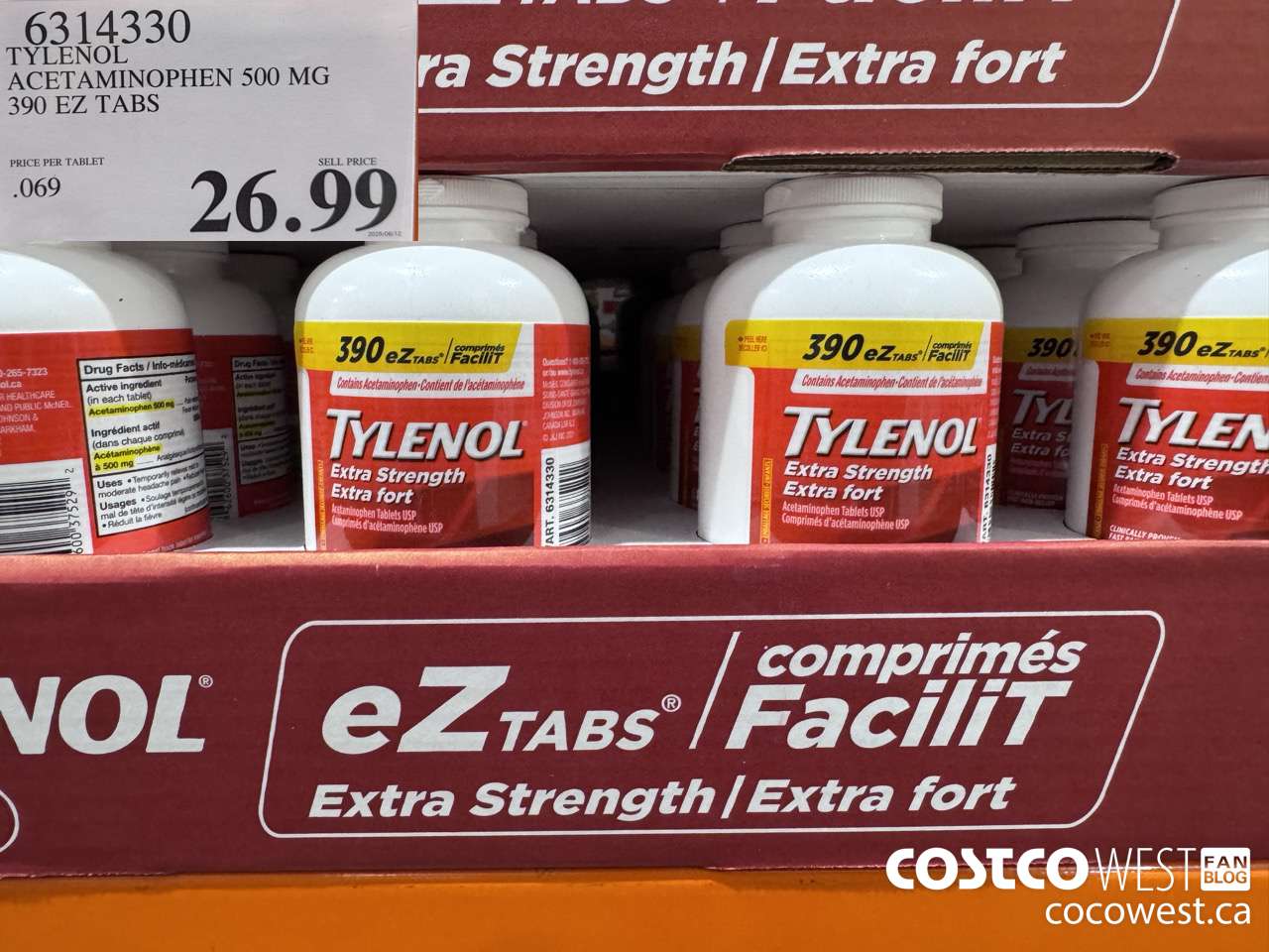 6314330 TYLENOL ACETAMINOPHEN 500MG 390 EZ TABS $26.99
