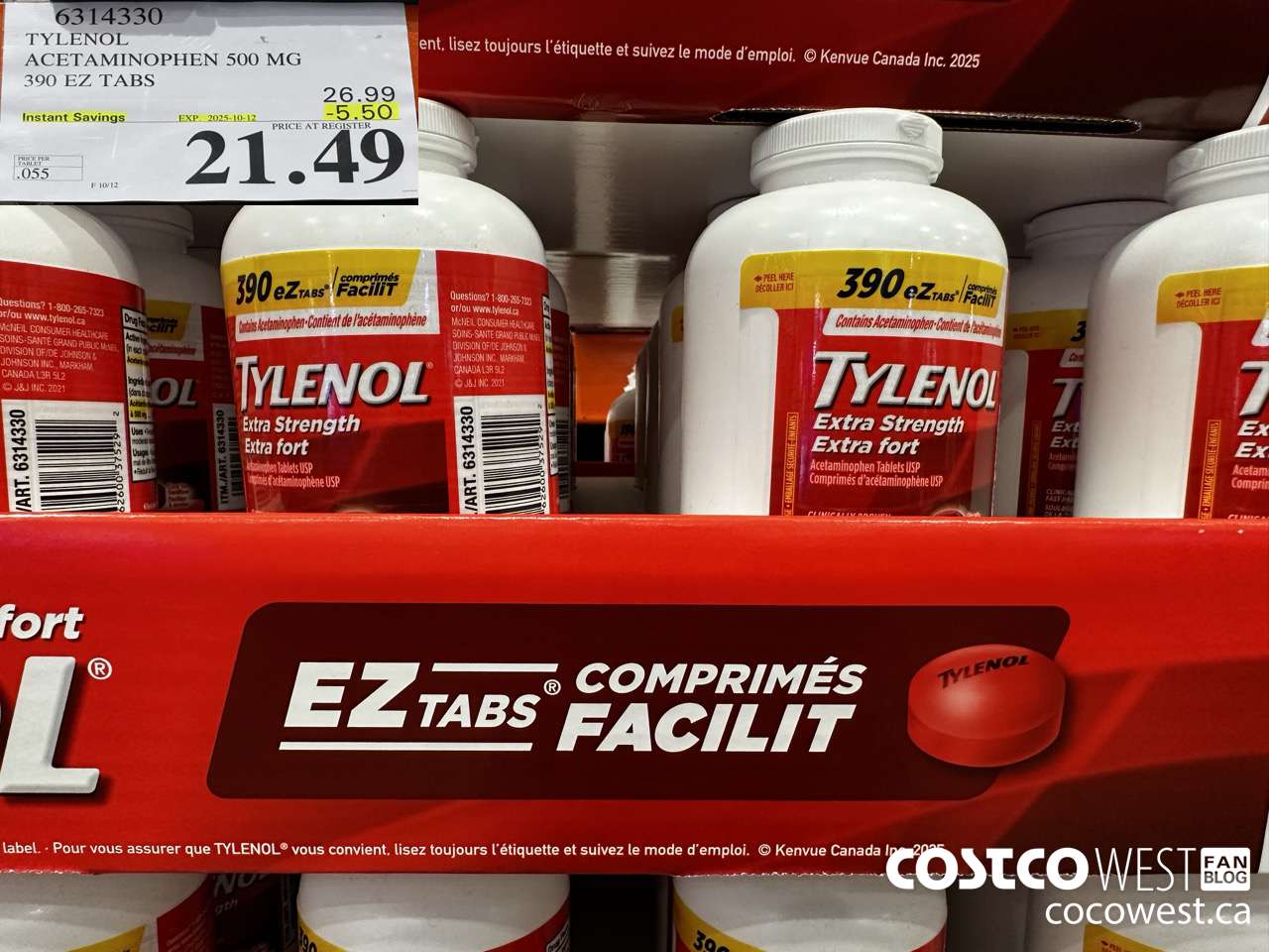 6314330 TYLENOL ACETAMINOPHEN 500MG 390 EZ TABS ($5.50 INSTANT SAVINGS EXPIRES ON 2025-10-12) $21.49