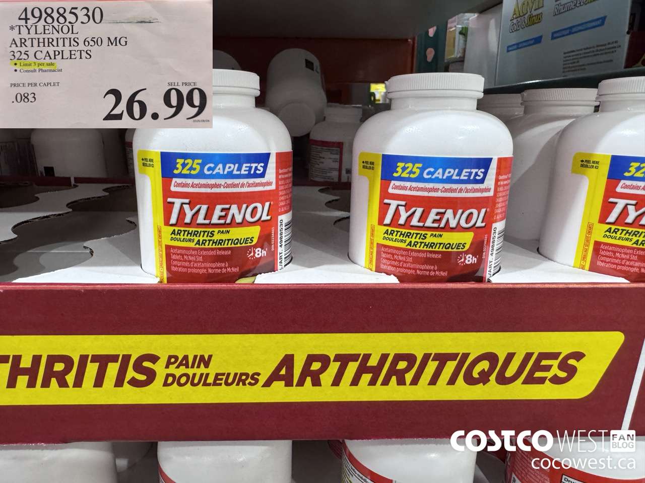 4988530 TYLENOL ARTHRITIS 650MG 325 CAPLETS $26.99