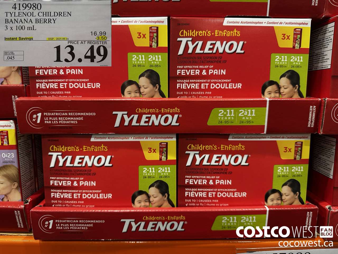 419980 TYLENOL BANANA BERRY 3 X 100ML ($3.50 INSTANT SAVINGS EXPIRES ON 2025-09-14) $13.49