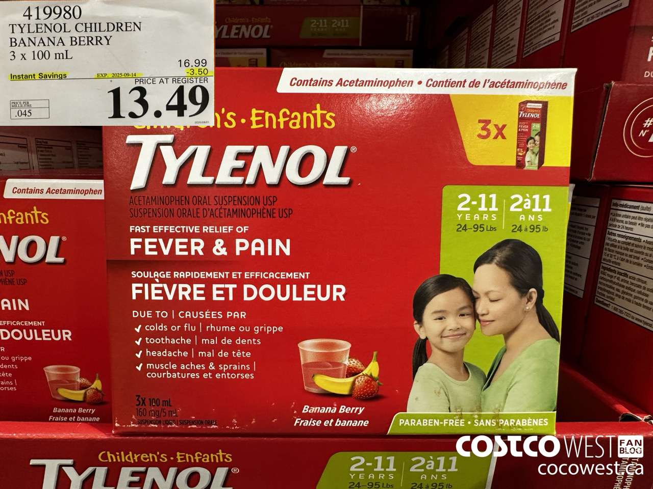 419980 TYLENOL BANANA BERRY 3 X 100ML ($3.50 INSTANT SAVINGS EXPIRES ON 2025-09-14) $13.49
