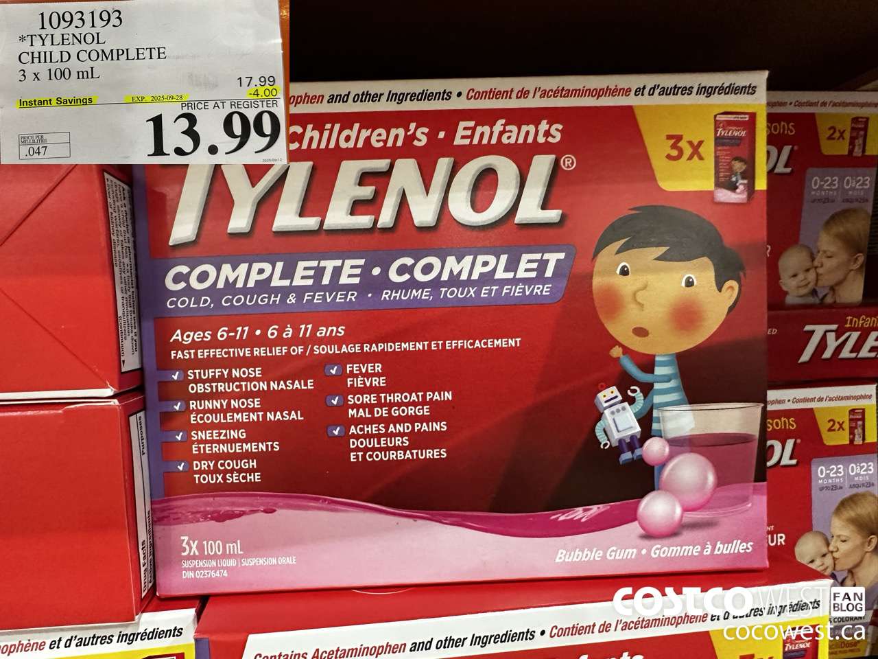 1093193 TYLENOL CHILD COMPLETE 3 X 100 ML ($4.00 INSTANT SAVINGS EXPIRES ON 2025-09-28) $13.99