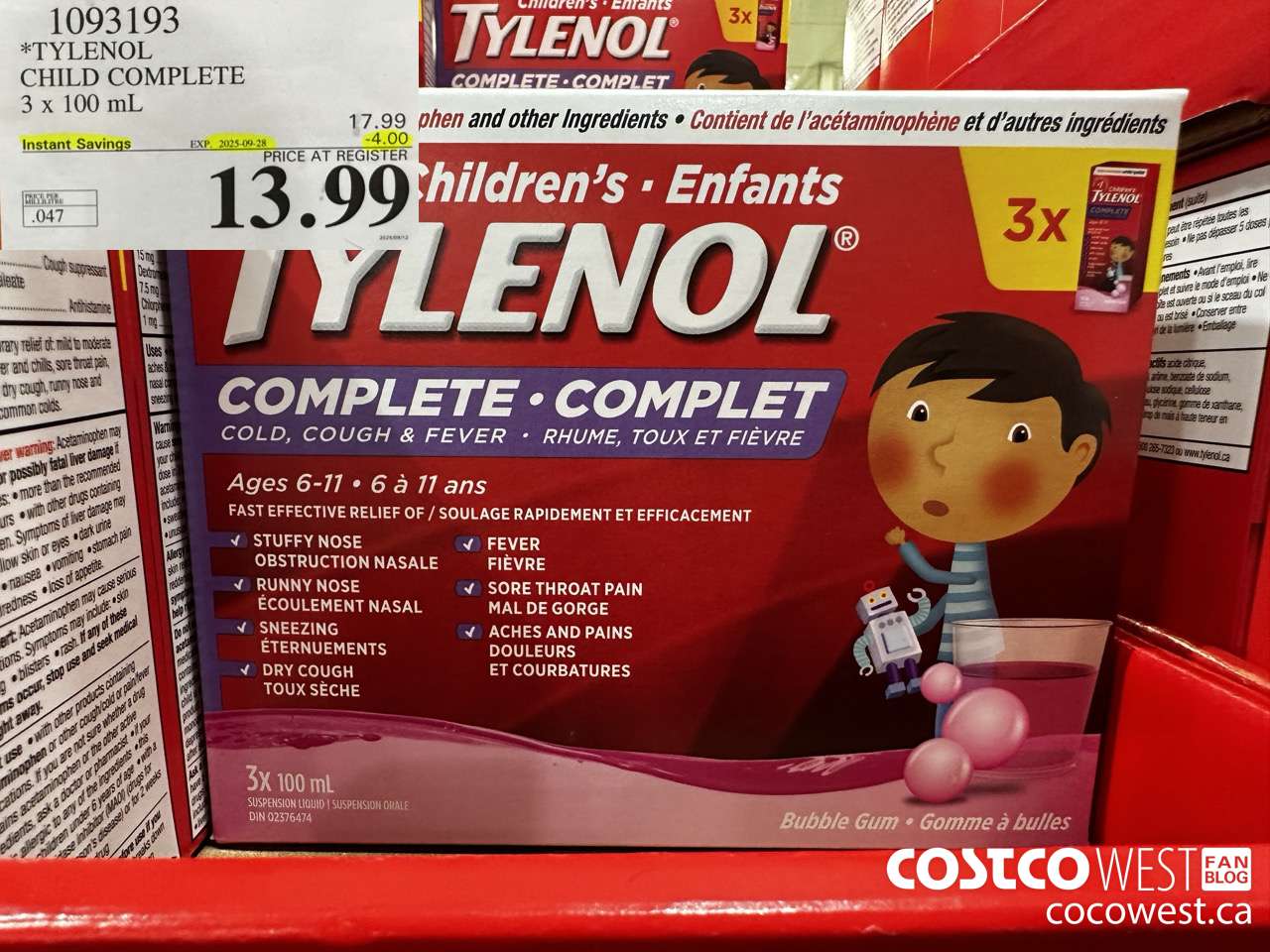 1093193 TYLENOL CHILD COMPLETE 3 X 100 ML ($4.00 INSTANT SAVINGS EXPIRES ON 2025-09-28) $13.99