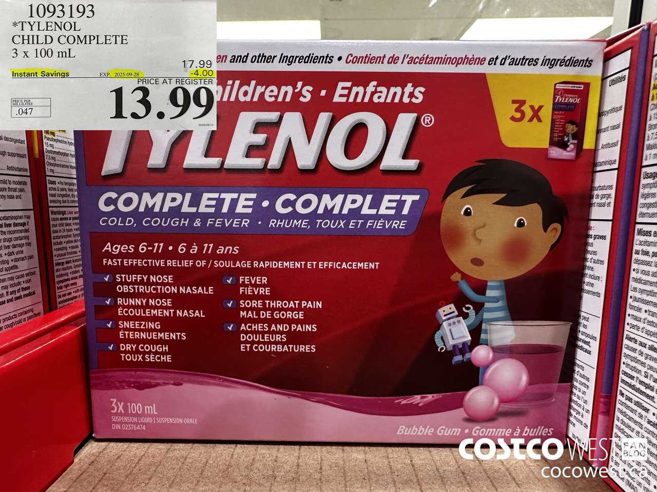 1093193 TYLENOL CHILD COMPLETE 3 X 100 ML ($4.00 INSTANT SAVINGS EXPIRES ON 2025-09-28) $13.99
