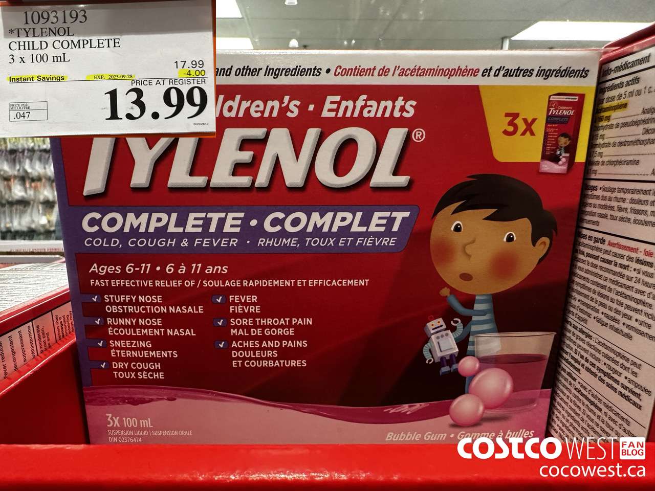 1093193 TYLENOL CHILD COMPLETE 3 X 100 ML ($4.00 INSTANT SAVINGS EXPIRES ON 2025-09-28) $13.99
