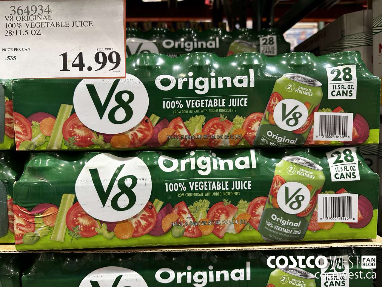 364934 V8 100% VEGETABLE JUICE 28/11.5 OZ $14.99
