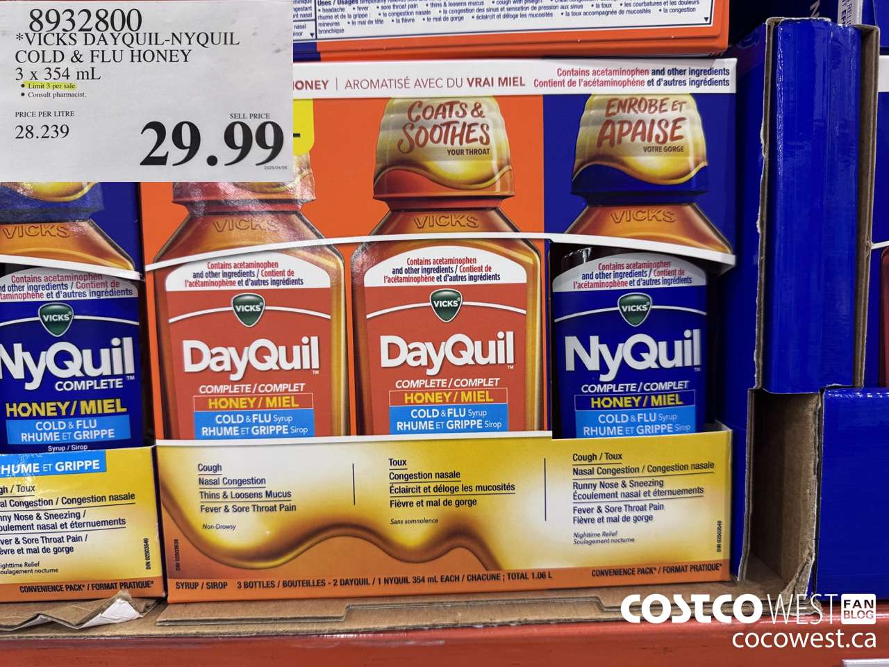 8932800 VICKS DAYQUIIL-NYQUIL COLD & FLU HONEY 3 X 354ML $29.99