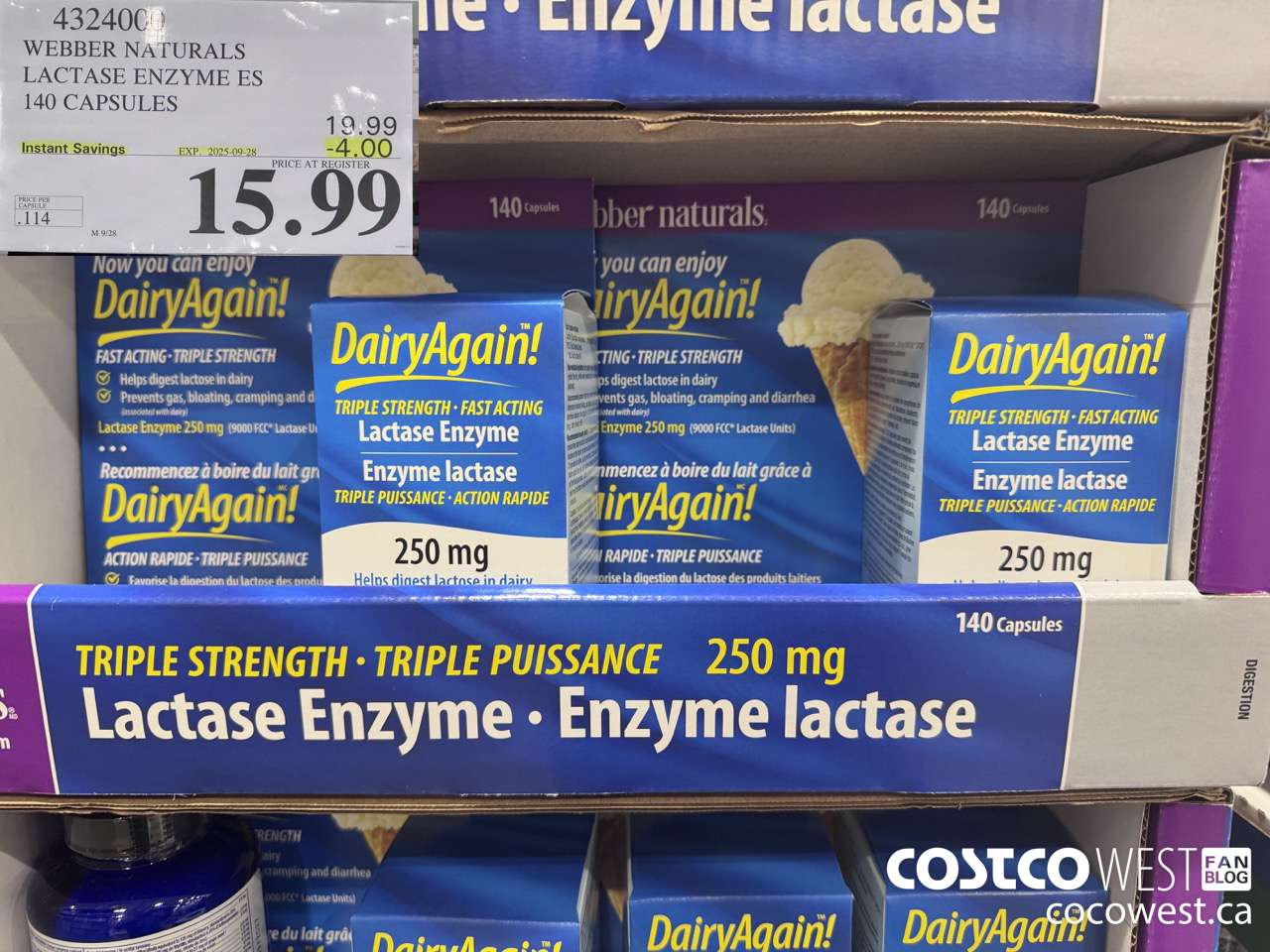 4324000 WEBBER LACTASE ENZYME ES 140 CAPSULES ($4.00 INSTANT SAVINGS EXPIRES ON 2025-09-28) $15.99