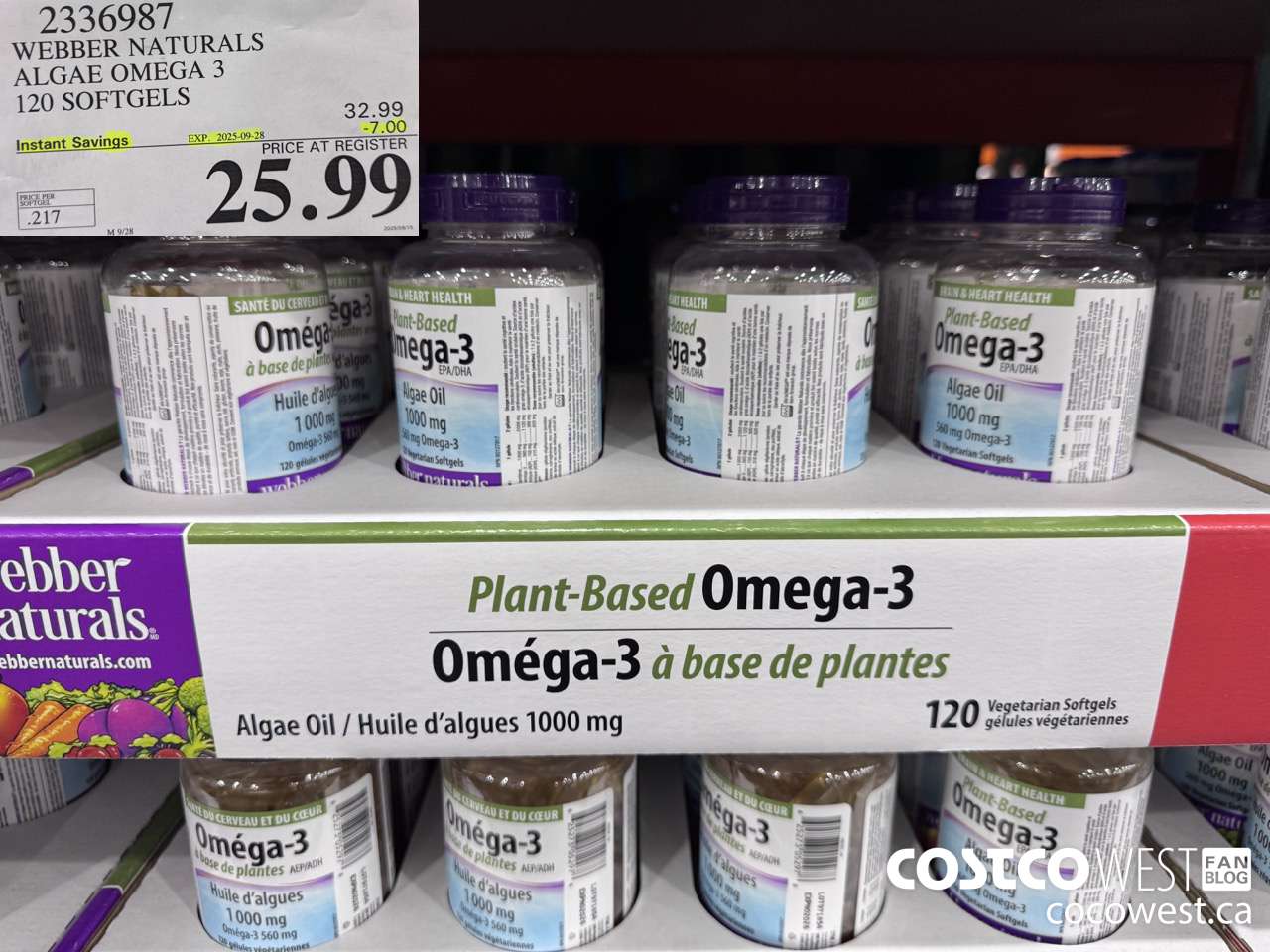 2336987 WEBBER NATURALS ALGAE OMEGA-3 560MG 120 SOFTGELS ($7.00 INSTANT SAVINGS EXPIRES ON 2025-09-28) $25.99