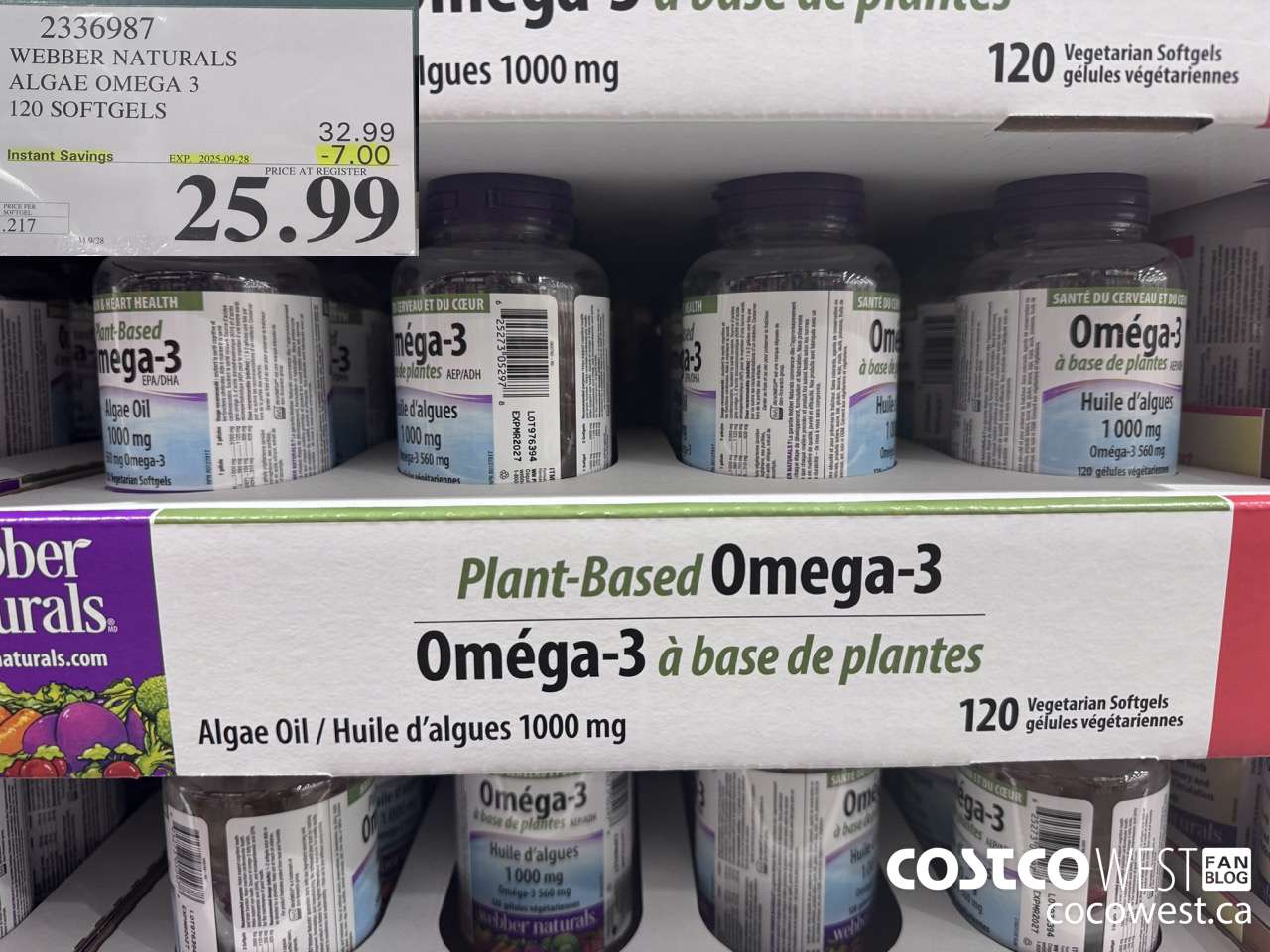 2336987 WEBBER NATURALS ALGAE OMEGA-3 560MG 120 SOFTGELS ($7.00 INSTANT SAVINGS EXPIRES ON 2025-09-28) $25.99