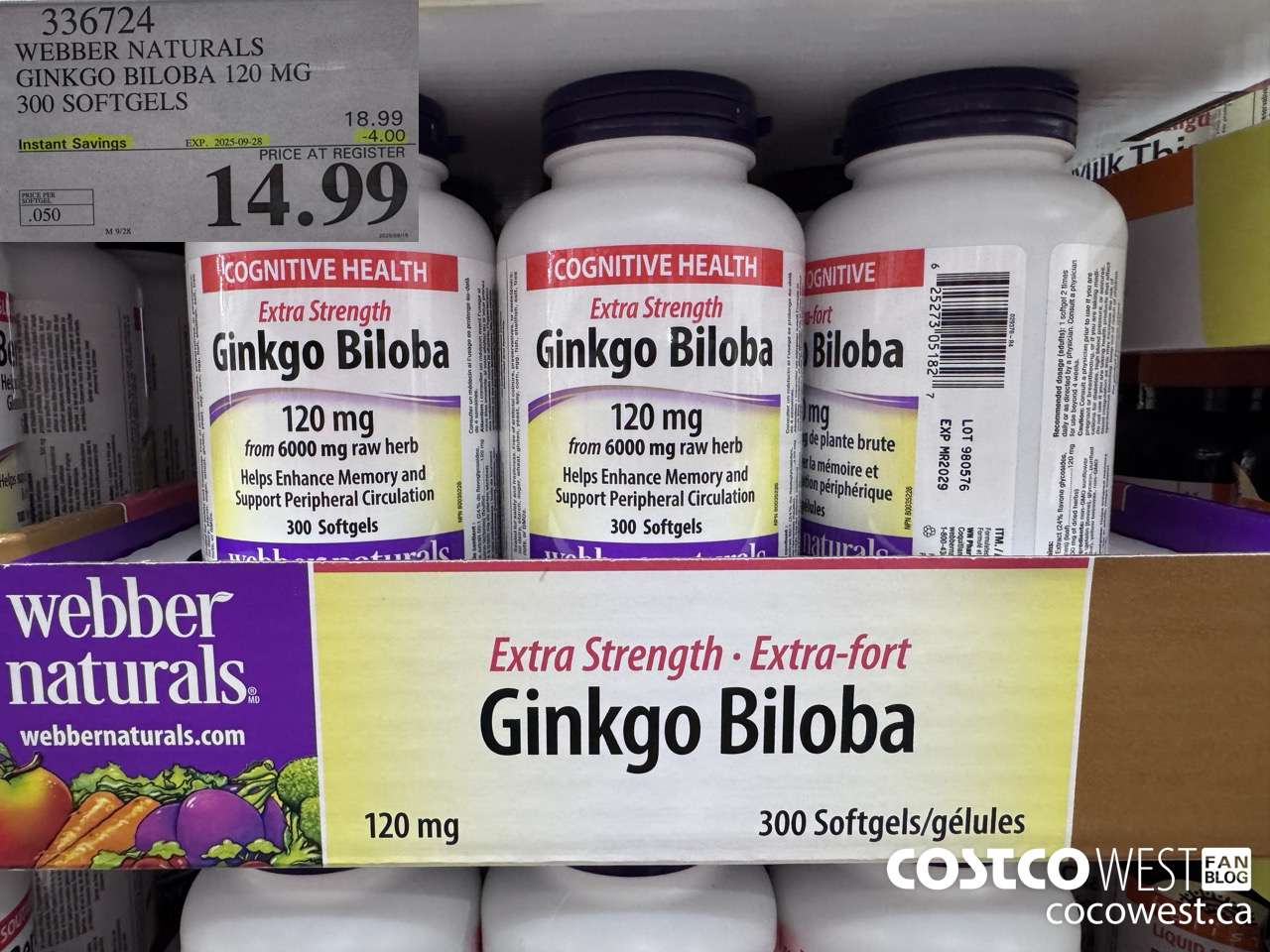 336724 WEBBER NATURALS GINKGO BILOBA 120MG 300 SOFTGELS ($4.00 INSTANT SAVINGS EXPIRES ON 2025-09-28) $14.99