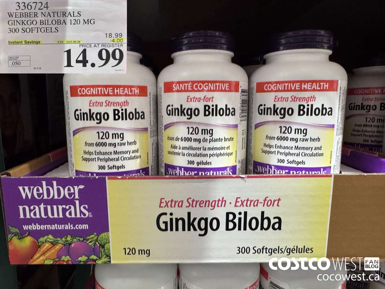 336724 WEBBER NATURALS GINKGO BILOBA 120MG 300 SOFTGELS ($4.00 INSTANT SAVINGS EXPIRES ON 2025-09-28) $14.99
