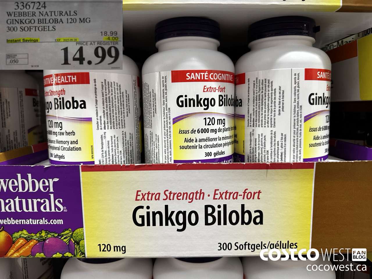 336724 WEBBER NATURALS GINKGO BILOBA 120MG 300 SOFTGELS ($4.00 INSTANT SAVINGS EXPIRES ON 2025-09-28) $14.99