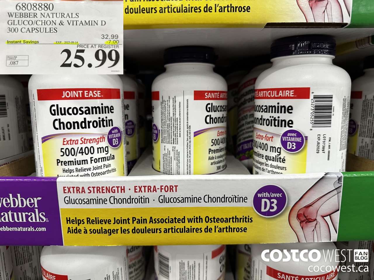 6808880 WEBBER NATURALS GLUCO/CHON 500/400 MG W/VIT D 300 CAPSULES ($7.00 INSTANT SAVINGS EXPIRES ON 2025-09-14) $25.99