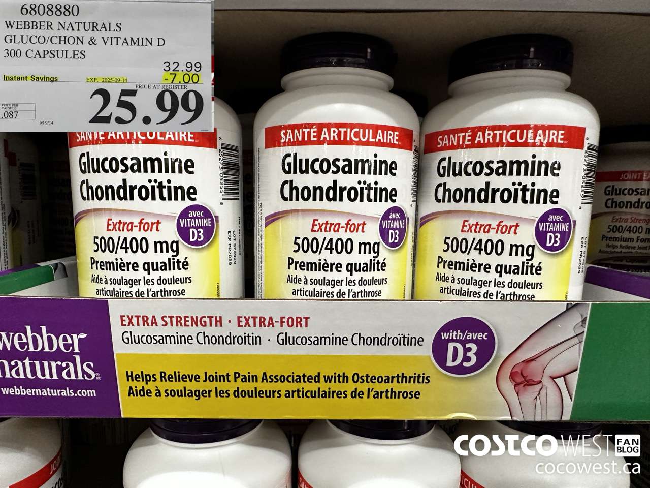 6808880 WEBBER NATURALS GLUCO/CHON 500/400 MG W/VIT D 300 CAPSULES ($7.00 INSTANT SAVINGS EXPIRES ON 2025-09-14) $25.99