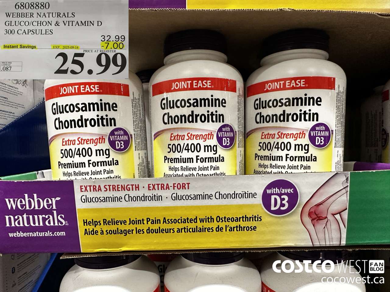 6808880 WEBBER NATURALS GLUCO/CHON 500/400 MG W/VIT D 300 CAPSULES ($7.00 INSTANT SAVINGS EXPIRES ON 2025-09-14) $25.99