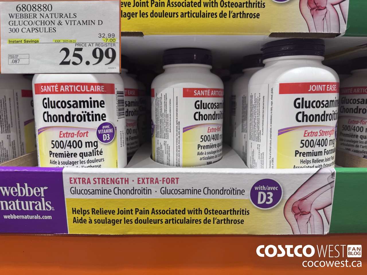 6808880 WEBBER NATURALS GLUCO/CHON 500/400 MG W/VIT D 300 CAPSULES ($7.00 INSTANT SAVINGS EXPIRES ON 2025-09-21) $25.99