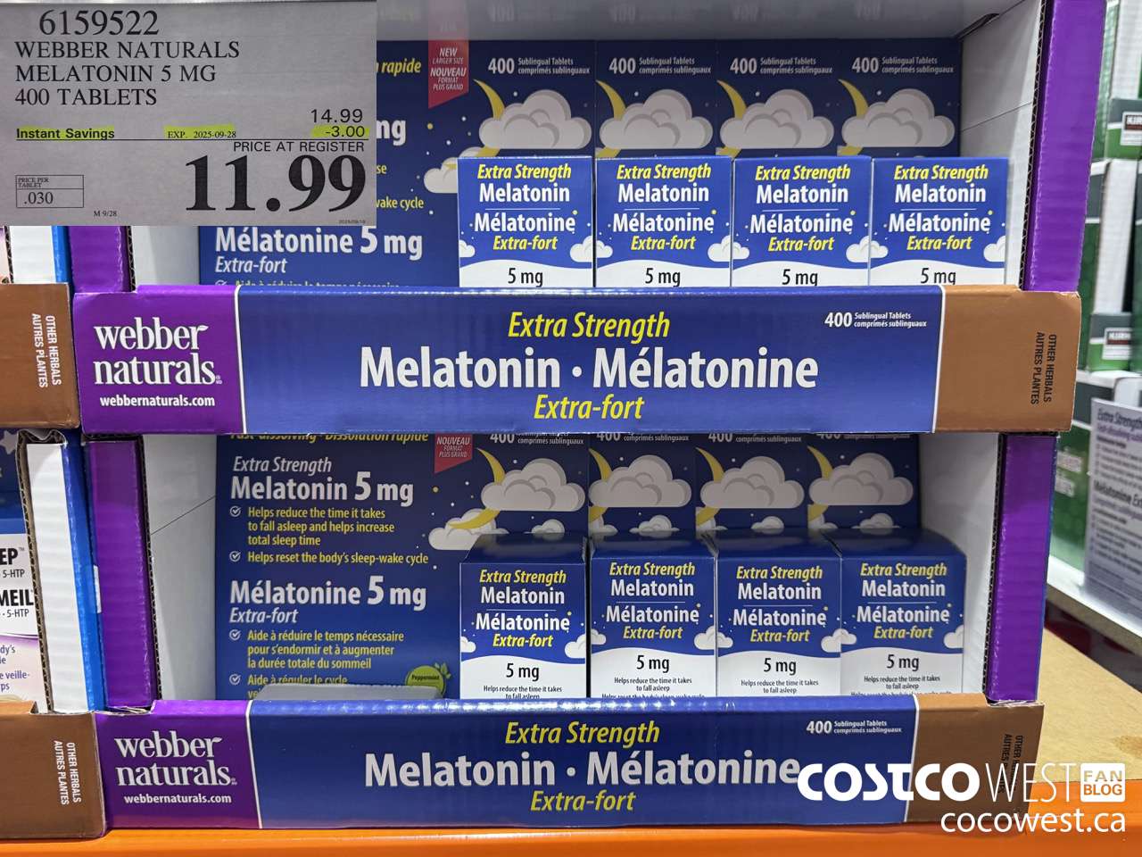 6159522 WEBBER NATURALS MELATONIN 5 MG 400 TABLETS ($3.00 INSTANT SAVINGS EXPIRES ON 2025-09-28) $11.99