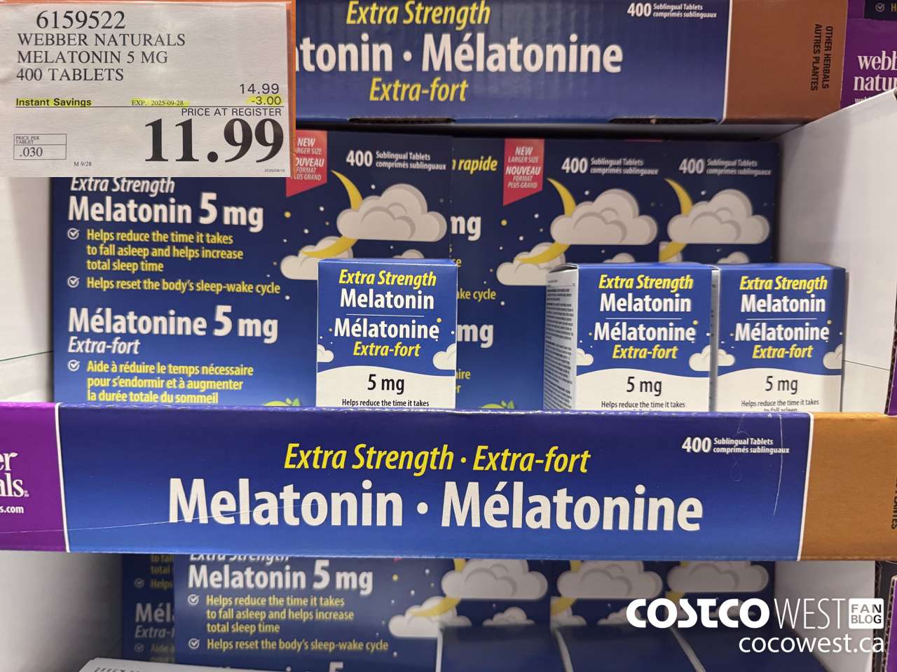 6159522 WEBBER NATURALS MELATONIN 5 MG 400 TABLETS ($3.00 INSTANT SAVINGS EXPIRES ON 2025-09-28) $11.99