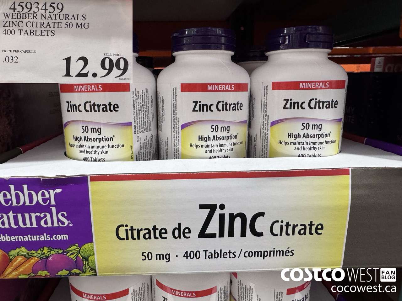 4593459 WEBBER NATURALS ZINC CHELATE 50MG 400 CAPSULES $12.99