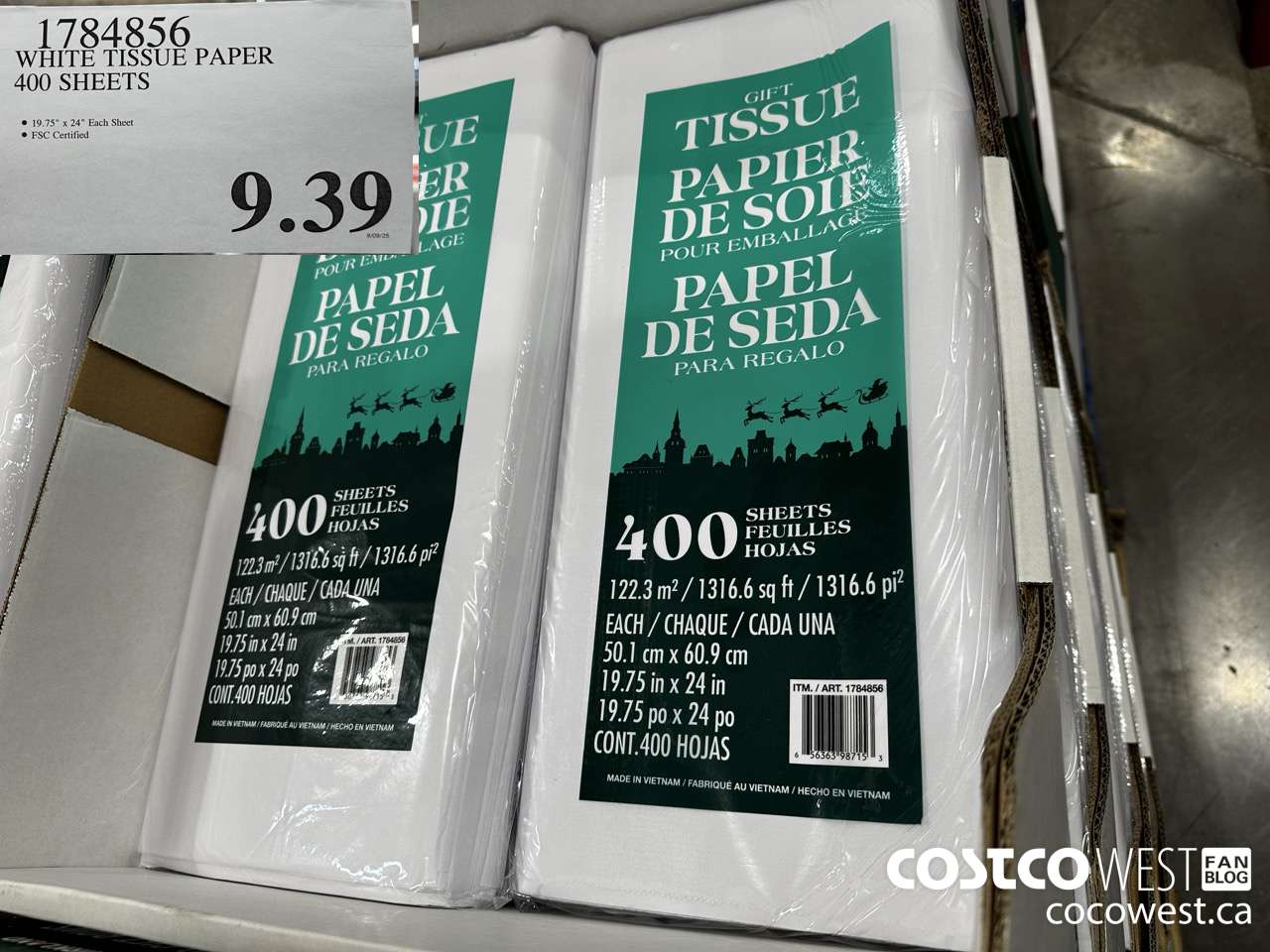 1784856 WHITE TISSUE PAPER 400 SHEETS $9.39