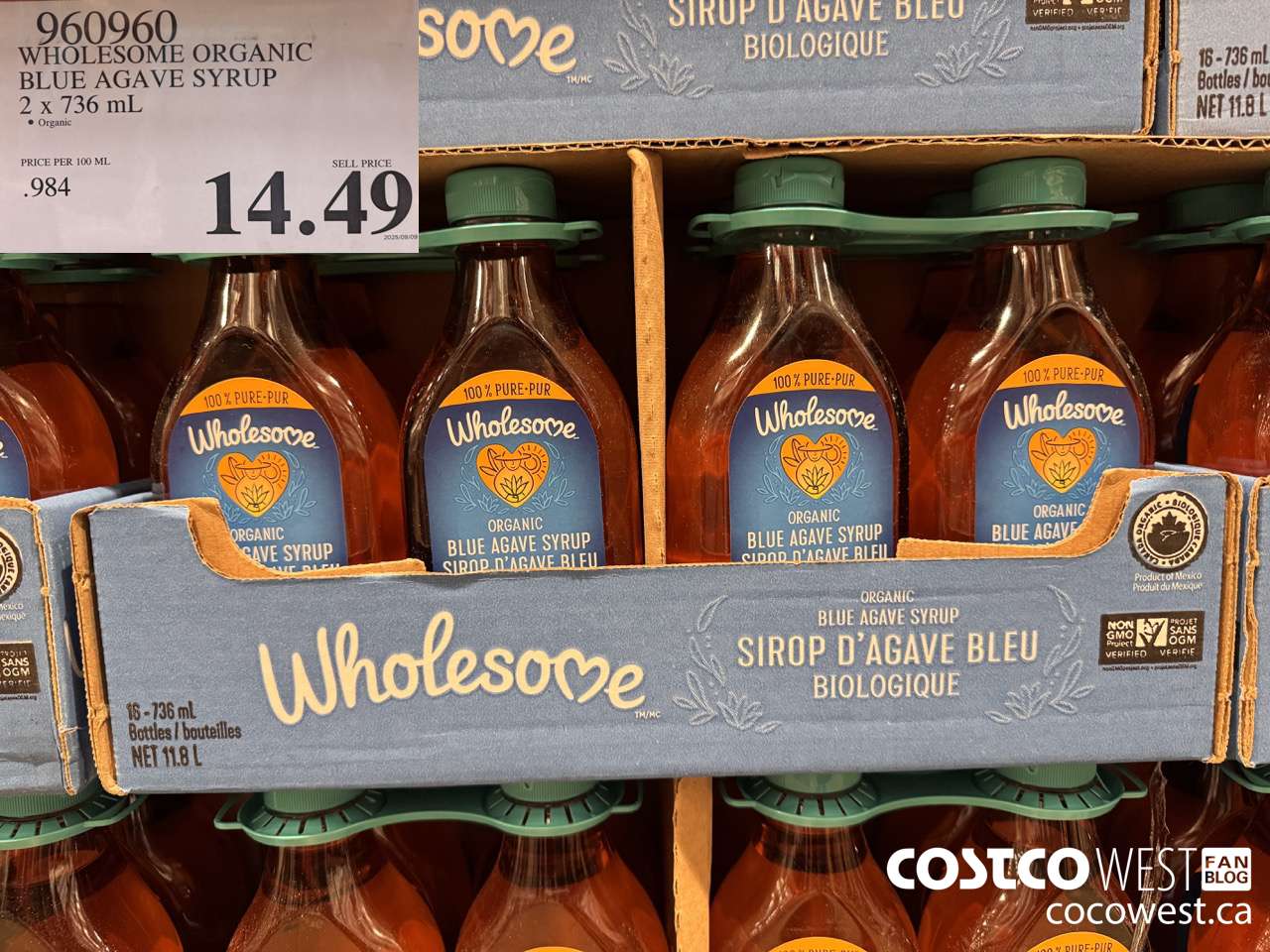 960960 WHOLESOME BLUE AGAVE SYRUP 2 x 736 mL $14.49