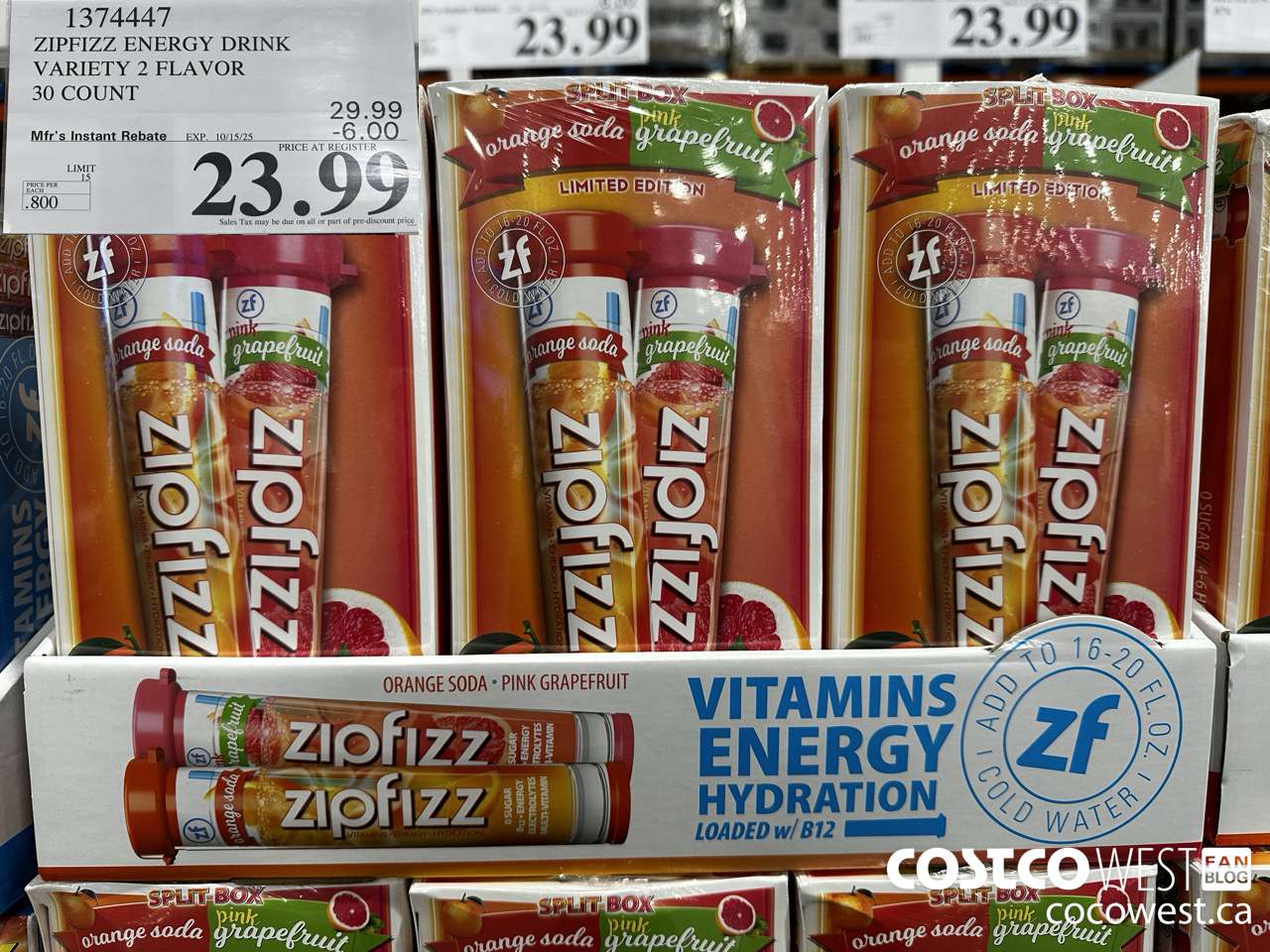1374447 ZIPFIZZ ENERGY DRINK VARIETY 2 FLAVOR 30 COUNT ($6.00 INSTANT SAVINGS EXPIRES ON 2025-10-15) $23.99