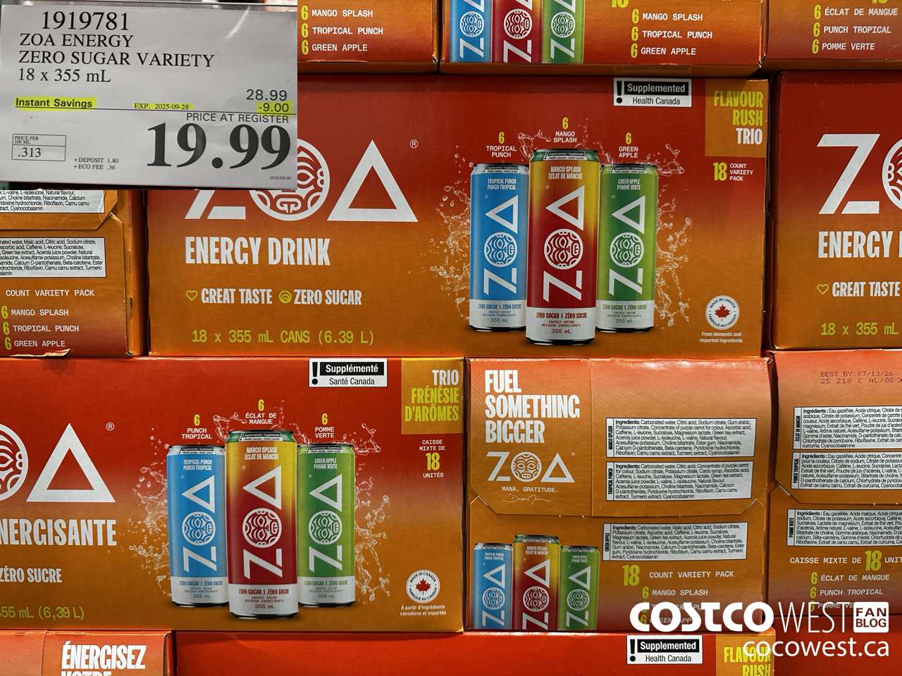 1919781 ZOA ENERGY ZERO SUGAR VARIETY 18 X 355ML ($9.00 INSTANT SAVINGS EXPIRES ON 2025-09-28) $19.99