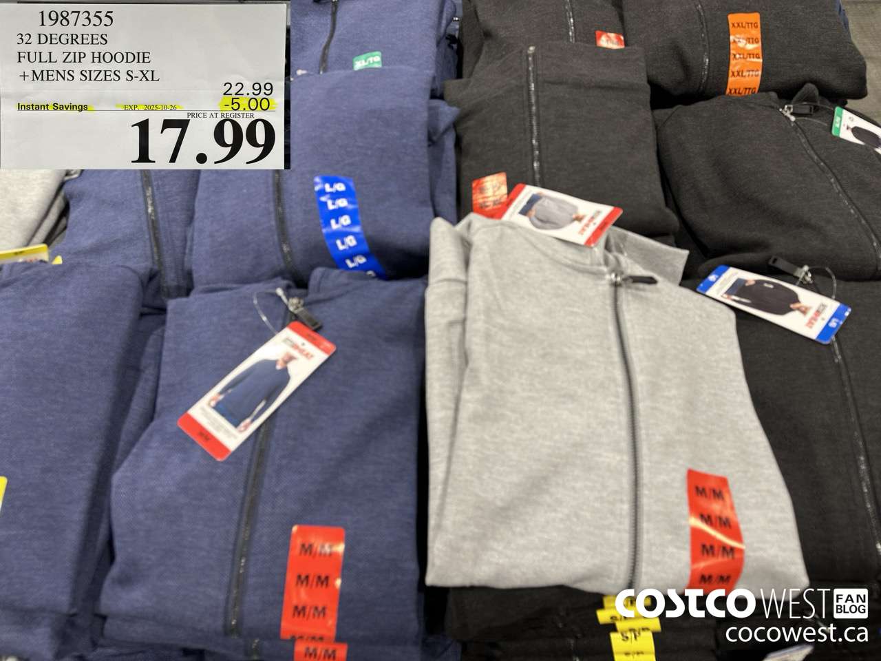 1987355 32 DEGREES FULL ZIP HOODIE MENS SIZES S-XL ($5.00 INSTANT SAVINGS EXPIRES ON 2025-10-26) $17.99