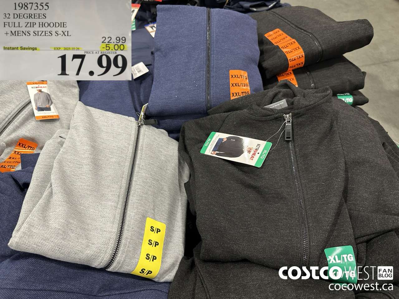 1987355 32 DEGREES FULL ZIP HOODIE MENS SIZES S-XL ($5.00 INSTANT SAVINGS EXPIRES ON 2025-10-26) $17.99