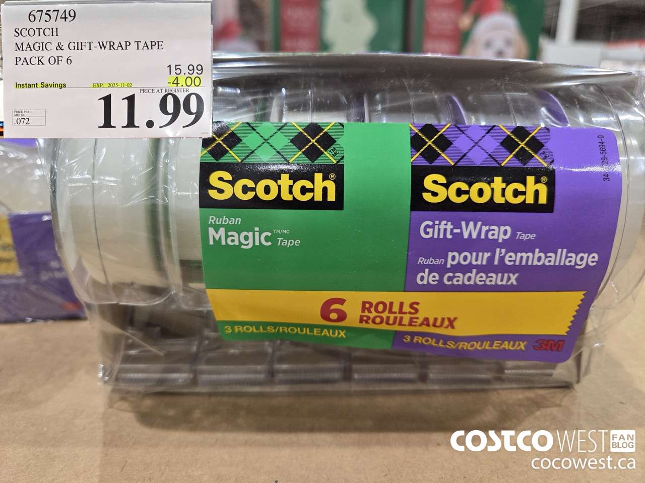 675749 3M SCOTCH MAGIC TAPE/GIFT WRAP TAPE 6PK ($4.00 INSTANT SAVINGS EXPIRES ON 2025-11-02) $11.99