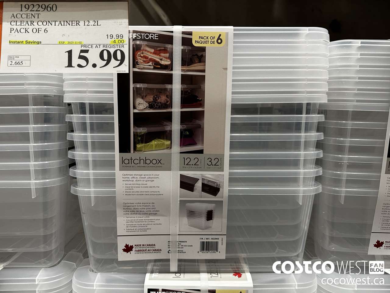 1922960 ACCENT CLEAR CONTAINER 12.2L PACK OF 6 ($4.00 INSTANT SAVINGS EXPIRES ON 2025-11-02) $15.99